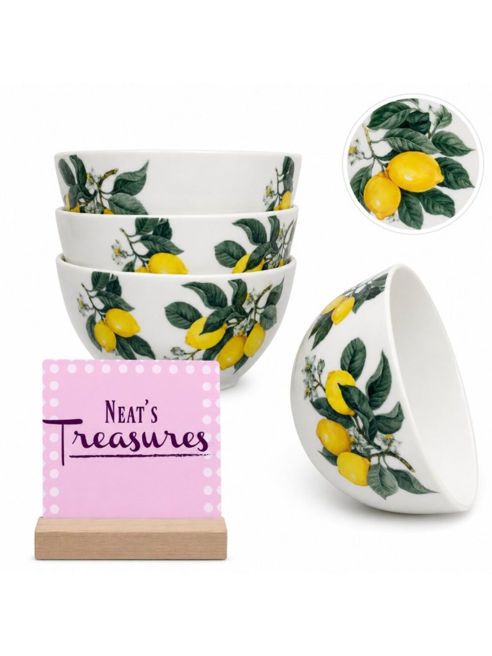 Royal Norfolk LEMON Branch Yellow Green Smooth Stoneware Soup Cereal Bowls Set 4